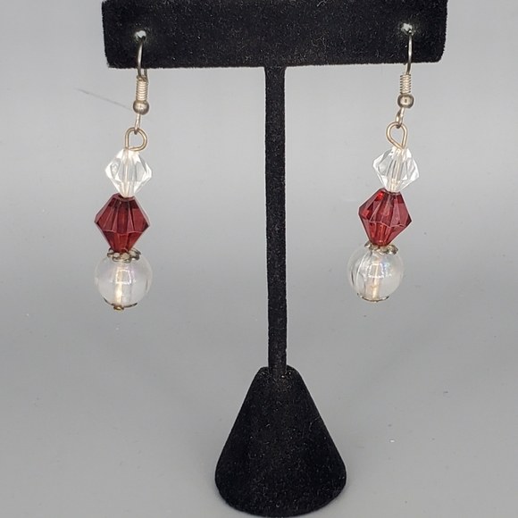 Plastic Clear and Burgundy Dangle Earrings and Burgundy Wooden Stretch Bracelet - Picture 2 of 9